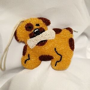 New! * Beaded Puppy Dog with Bone Coin Purse A Spotted Butterscotch Pouch! BG220